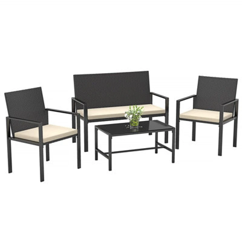 Image of Rattantree Minimalist 4 Pieces Garden Furniture Set with Armchairs, Loveseat and Table Black