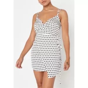 image of Missguided Petite Polka Dot Print Wrap Front Mini Dress - White