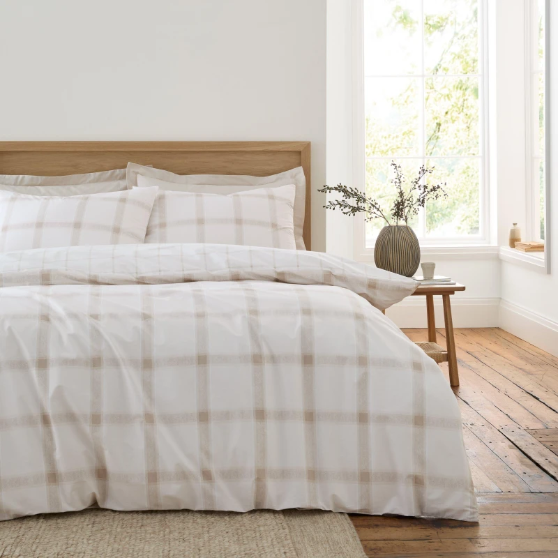 Image of Bianca Oxton Check 200TC Reversible Duvet Cover Set Natural unisex Double