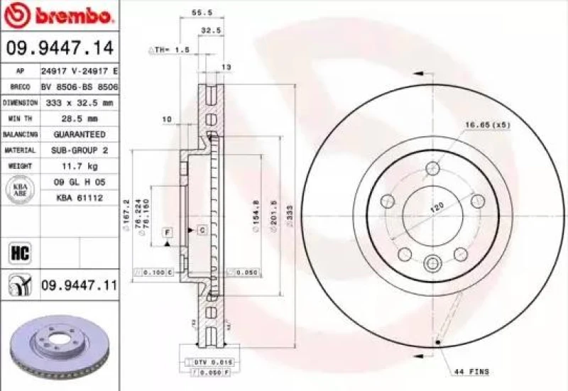 Image of BREMBO 09.9447.11 Brake disc internally vented, Coated, High-carbon Brake Disc (82)