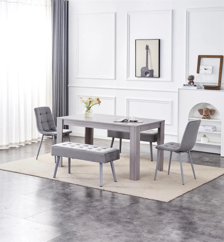 Image of KOSY KOALA KOSY KOALA Dining Table and 2 Chairs With 2 Benches Grey 2 Grey Velvet Chairs Wood Table Dining Set Furniture Grey One Size Unisex 50610553