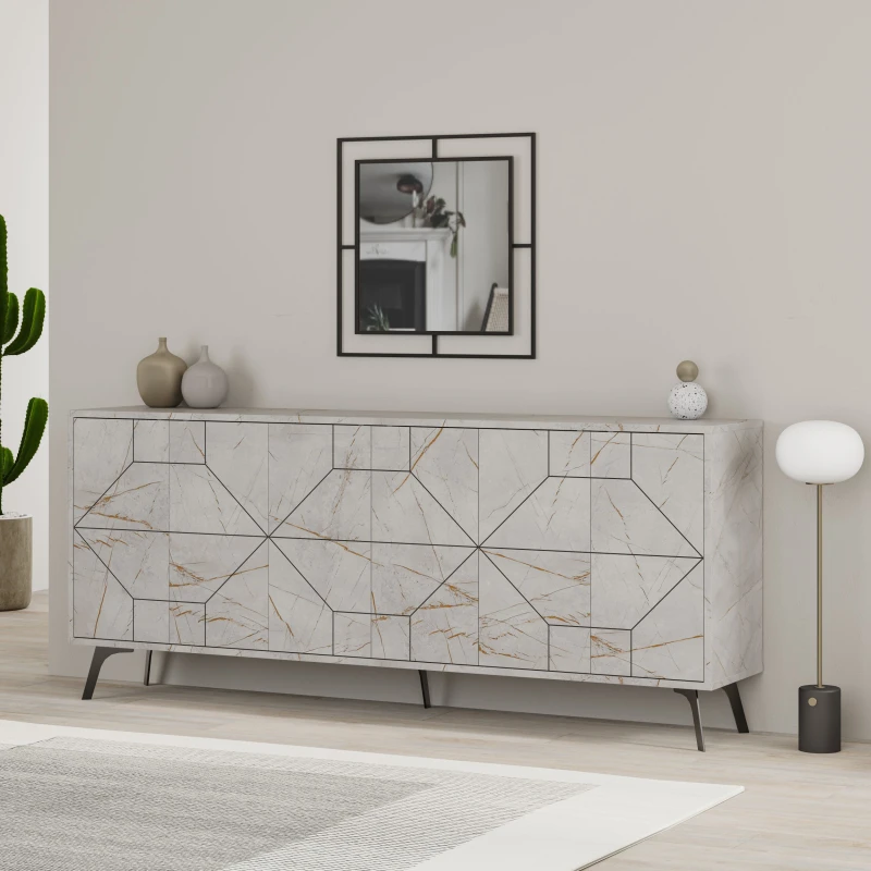 Image of Decortie Sideboard Large 181X77.4Cm 6 Door Storage Cabinet Particleboard Gold Marble Effect, Gold 8683628015186