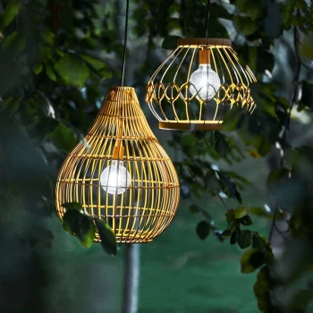 Image of Outdoor Garden Decor, Woven Hanging Solar Powered Light, Large Pendent Lantern with Bulb, Dimmer, Timer & Remote, Weather Resistant - Light Tan