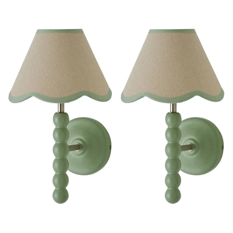 Image of ValueLights Bobbins Pair of Green Wall Lights & Linen Trim Lamp Shades & Bulbs in Pale Green Pale Green Unisex