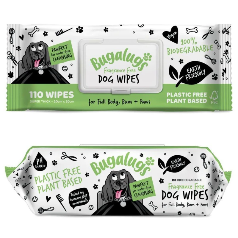 Image of Bugalugs Pet Wipes (110 Large Plastic Free & Plant Based) Fragrance Free For Dogs One Colour WA7UK Unisex