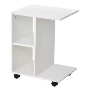 image of Homcom C Shape End Table Storage Unit With 2 Shelves 4 Wheels White