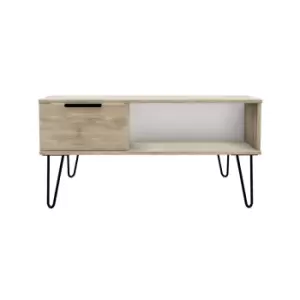 Image of Hirato Ready Assembled 1 Drawer Coffee Table Nebraska Oak With Black Metal Hairpin Legs