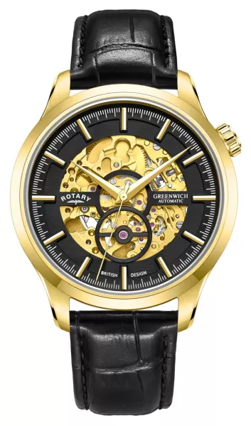 image of Rotary GS02948/04 Greenwich Gold and Black Skeleton Dial Watch