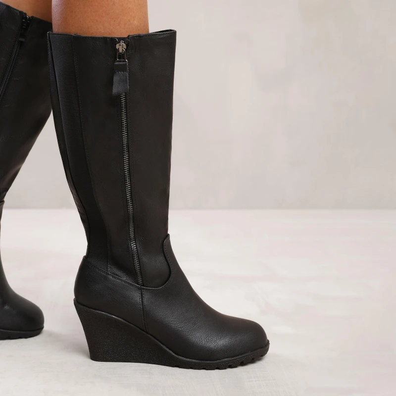 Image of Where's That From 'Lara' Wedge Heel Mid Calf High Boots With Side Zip Black female
