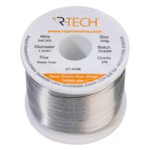 image of R-TECH 856998 SAC305 Solder 2% Rosin-Free HF Flux Halide-Free 1.2m...