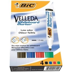 image of Bic Velleda 1701 Dry Wipe Bullet Tip Whiteboard Marker Pen Assorted Colours Black Blue Red Green Pack of 4 Markers