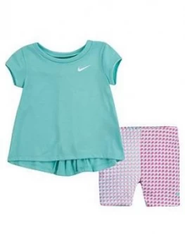 image of Nike Younger Girls 2 Piece Tunic Top and Biker Shorts Set - Blue, Size 12 Months