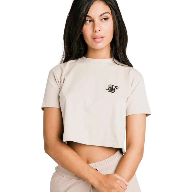 Image of SikSilk Essentials Retro Box-Fit Cropped T-Shirt - Beige Beige XS