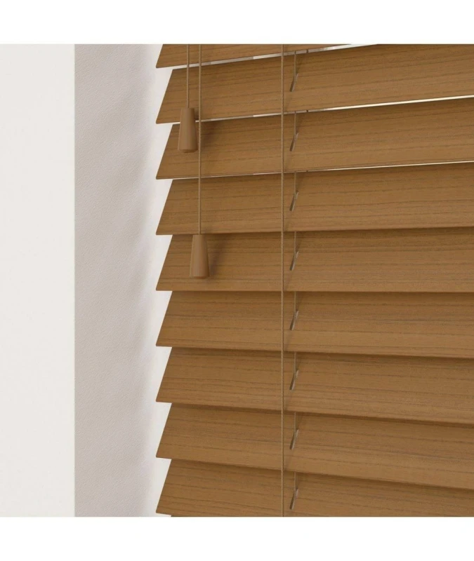 Image of New Edge Blinds Truffle 50mm Fine Grain Slatted Faux Wood Venetian Blinds with Strings 120cm Drop in Amber Size: 70cm width x 130cm drop Amber Uni