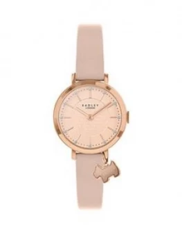 Radley Rose Gold Detail Glitter Dial With Dog Charm And Blush Leather Strap Ladies Watch