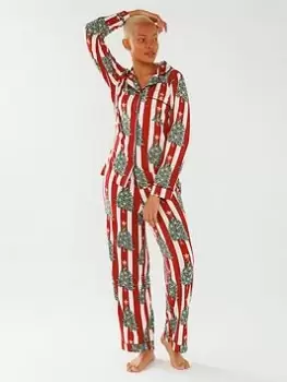 Image of CHELSEA PEERS Stripe Christmas Tree Button Up Printed Long Set, Red, Size S, Women