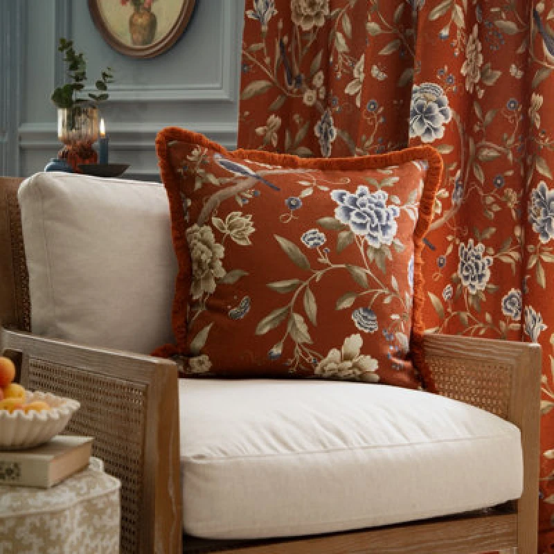 Image of Sanderson Sanderson Porcelain Garden Chenille Cushion in Burnt Orange Size: 50cm x 50cm Burnt Orange 50cm x 50cm Unisex 5025532868527