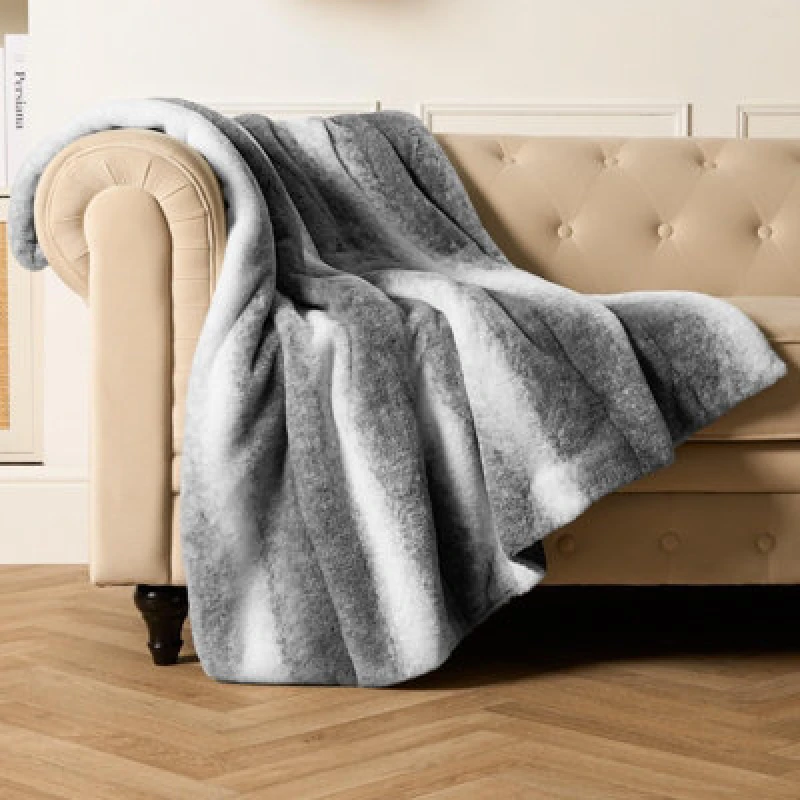 Image of OHS OHS Stripe Throw Over Blanket Faux Fur Soft Fleece in Light Grey Size: 125cm x 150cm Light Grey 125cm x 150cm Unisex 5027434192465