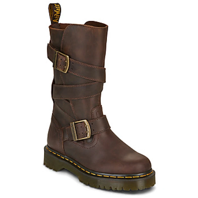 Image of Dr. Martens Anistone Strap High Boot Dark Brown Crazy Horse womens Flat boots in Brown