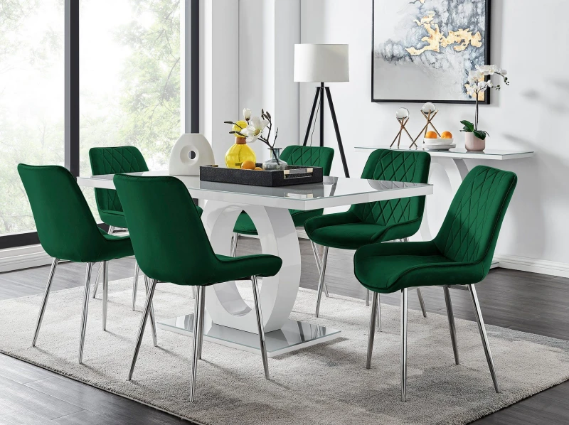 Image of FurnitureboxUK Giovani 6-Seater Grey Glass Dining Table & 6 Pesaro Soft Velvet Dining Chairs in Green Green Unisex