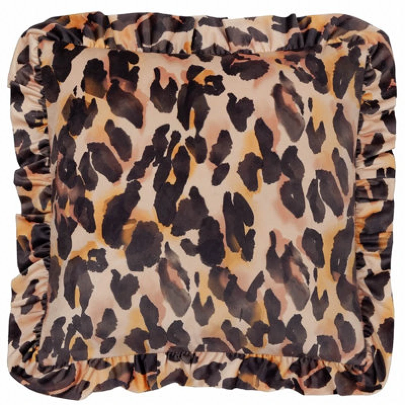 Image of Furn Furn Leopard Printed Velvet Ruffle Cushion Size: 45cm x 45cm Multi 45cm x 45cm Unisex 5025532822499