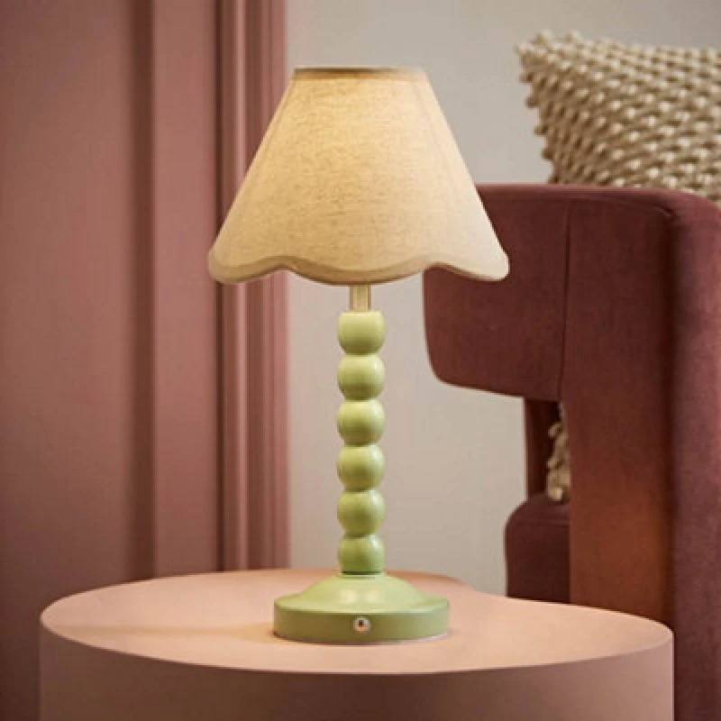 Image of Valuelights Bobble Linen Scallop Trim Shade Green Rechargeable Wooden Table Lamp