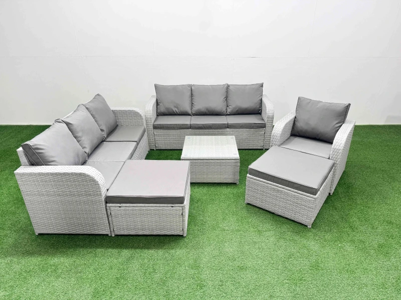 Image of Fimous 9 Seater Poly Rattan Outdoor Garden Furniture Square Coffee Table Sofa Set Patio 3 Seater Sofa Reclining Chair 3 Seater Sofa 2 Big Footstools L