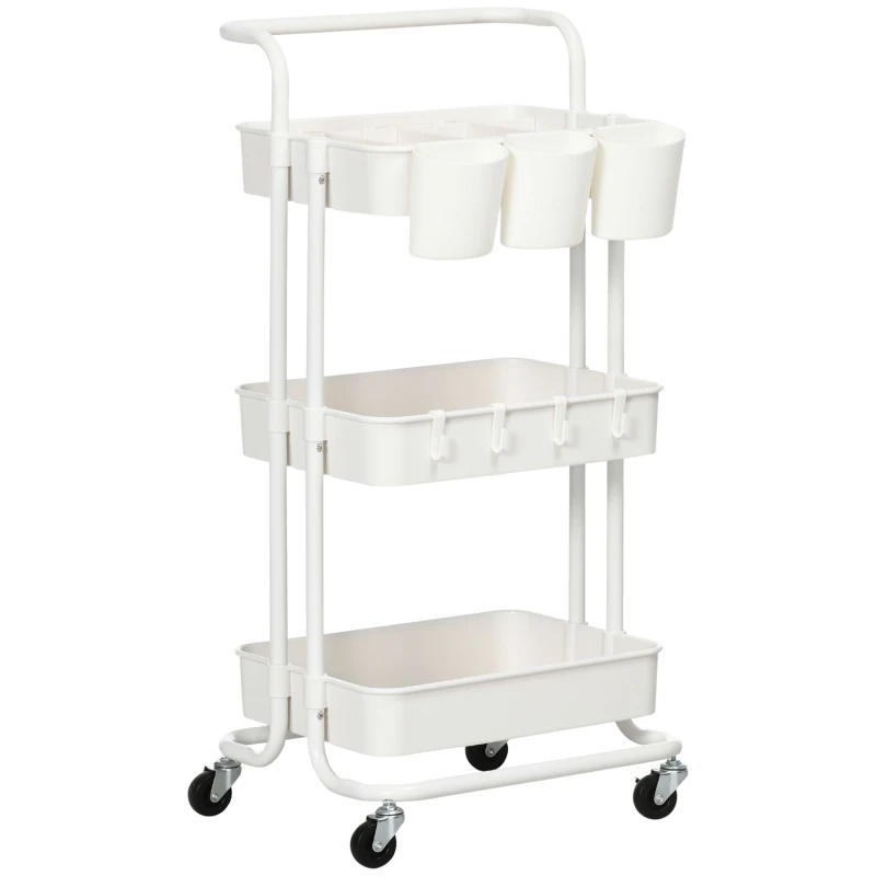 Image of HOMCOM 3-Tier Utility Cart - Rolling Serving Trolley with Baskets and Hooks TJ Hughes White 5061025098644