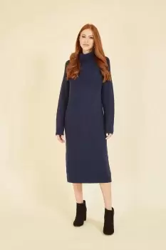 image of Navy Roll Neck Knitted Midi Jumper Dress