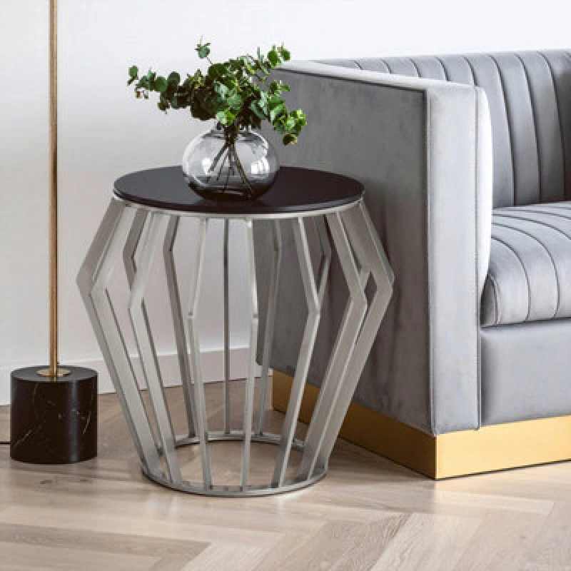 Image of Orsina Modern Silver Round Table With Black Glass, Decent Silver Sidetable For Hallways, Elegant Bedside Table