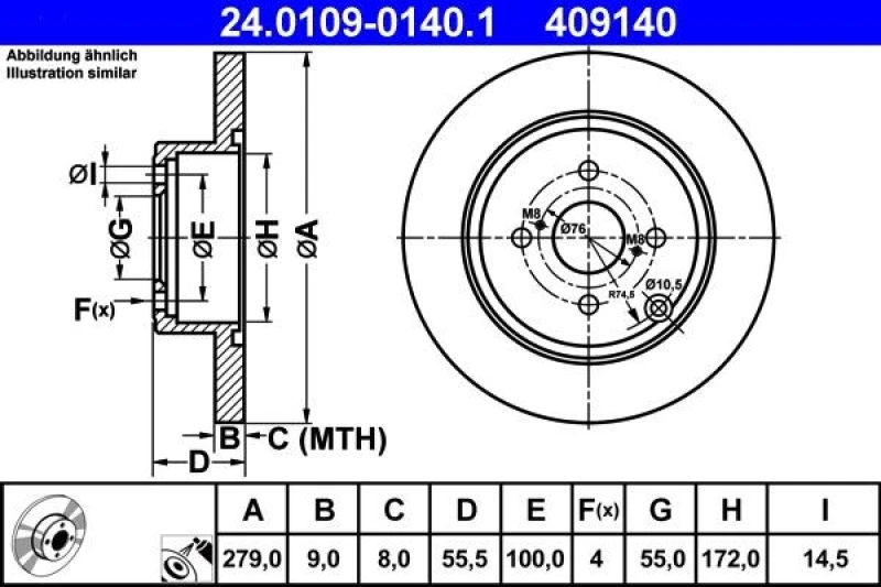 Image of ATE 24.0109-0140.1 Brake disc solid, Coated Brake Disc (82)