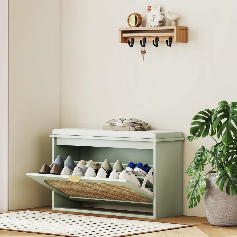 Image of HOMCOM HOMCOM Boho Shoe Bench with Seat Cushion, Flip-Drawer and Rattan Door in Light Green Light Green One Size Unisex 5063603193802
