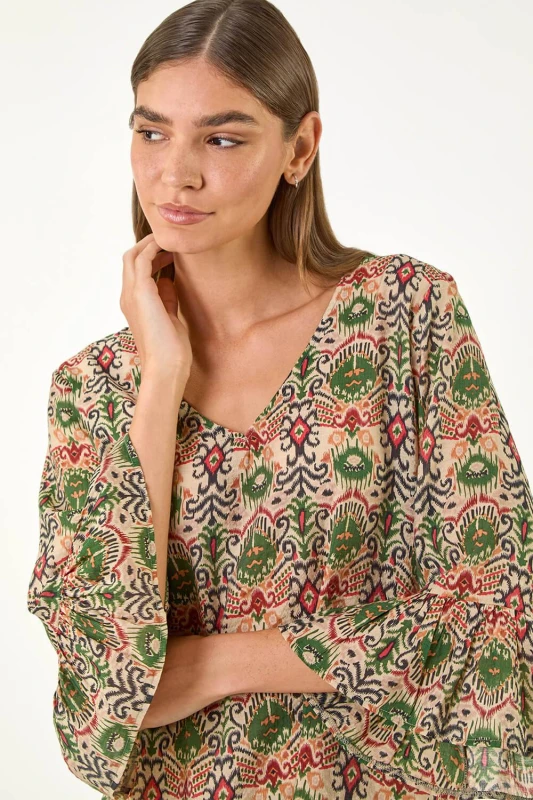 Image of Roman Womens Ikat Print Flare Sleeve Top in Khaki Size: 16 Khaki Female 16