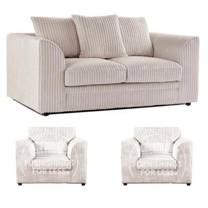 Image of Furnishings For Less UK Luxor Jumbo Cord 2 + 1 + 1 Fabric 3 Piece Sofa Suite - Scatter Back Cream