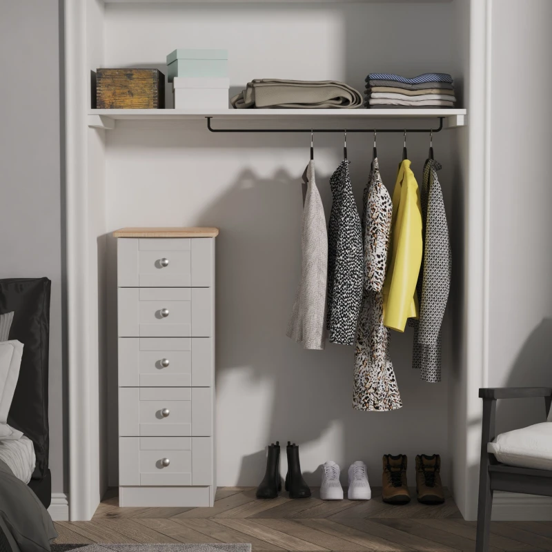 Image of Santander Ready Assembled Matt Grey & Oak 5 Drawer Wide Bedside Chest (H)1074mm (W)395mm (D)411mm