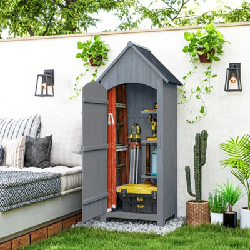 Image of OUTSUNNY Wooden Small Garden Shed with 3 Shelves & Tilt Roof Grey Grey Unisex