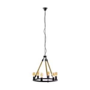 Image of Hanging Ceiling Pendant Light Black & Rope 6x 60W E27 Round Feature Chandelier