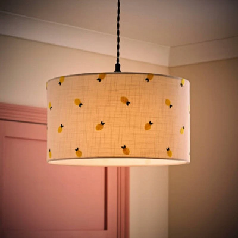 Image of VALUELIGHTS Brae Natural White Fabric Lemon Embroidered Medium Drum Lamp Shade with LED Bulb B5951