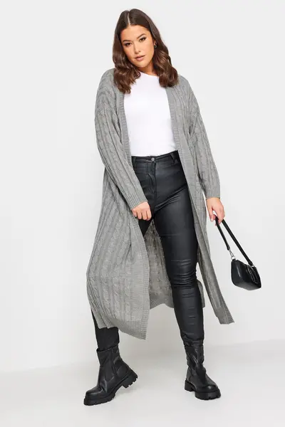 Image of Yours Cable Knit Cardigan Grey