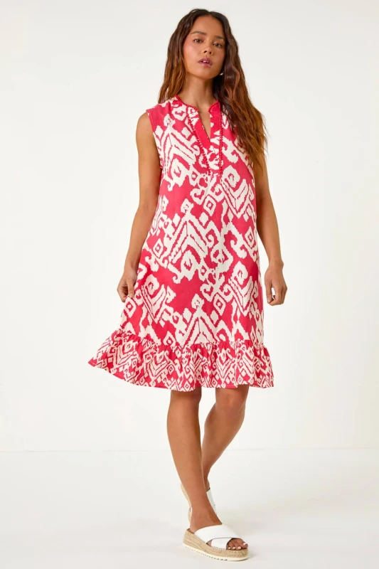 Image of Roman Womens Petite Aztec Print Frill Hem Dress in Coral Size: 16 Coral Female 16