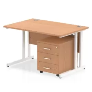 Image of Impulse 1200 x 800mm Straight Office Desk Oak Top White Cantilever Leg Workstation 3 Drawer Mobile Pedestal