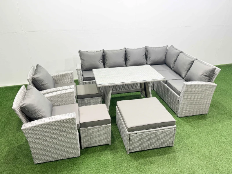 Image of Fimous 11 Seater Garden Outdoor Rattan Furniture Set Rattan Corner Sofa Oblong Dining Table With 2 Armchairs 3 Footstools