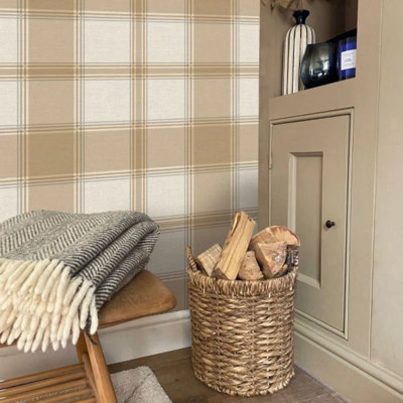 Image of Carmella Check Textured Heavyweight Vinyl Wallpaper Sand Belgravia 7158