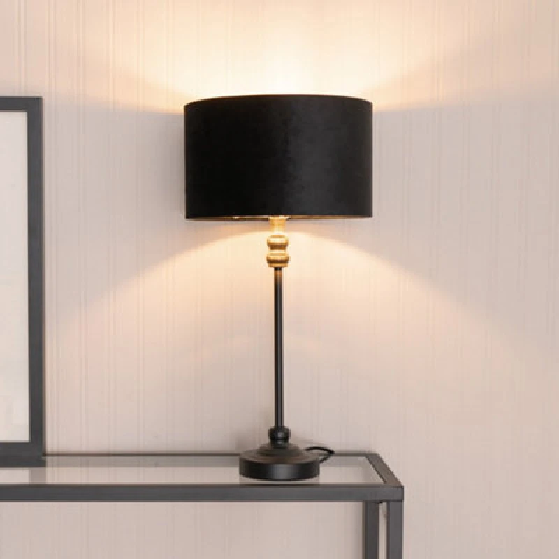 Image of ValueLights ValueLights Maggie Black Candlestick Table Lamp with Black Velvet and Gold Lamp Shade Black One Size Unisex 5059406061721