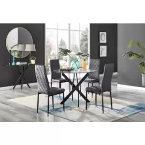 Image of Furniturebox UK - Furniturebox Novara Black Leg 120cm Round Glass Dining Table & 4 Grey Milan Velvet Dining Chairs With Black Legs Diamond Stitch