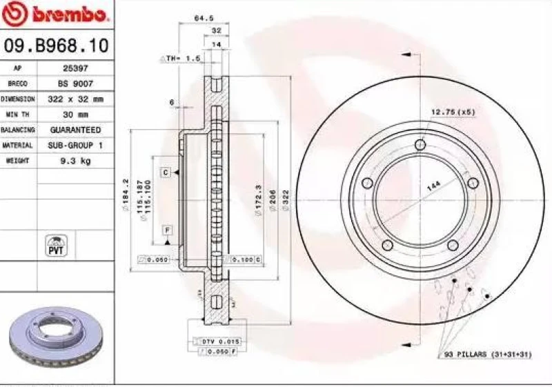 Image of BREMBO 09.B968.11 Brake disc internally vented, Coated Brake Disc (82)