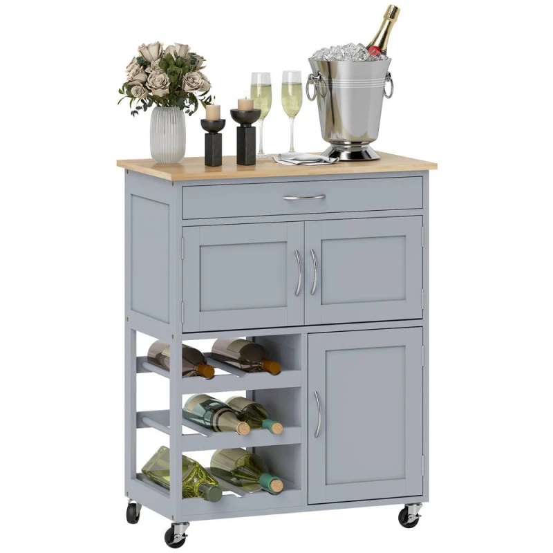 Image of Homcom Rolling Kitchen Island Trolley Storage Cart W/ Rubberwood Top, Grey 801-179V00GY