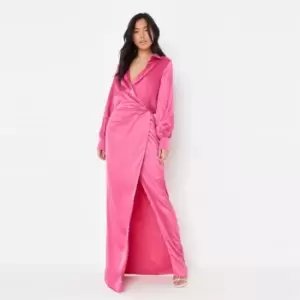 Missguided Front Shirt Maxi Dress Ls Satin - Pink