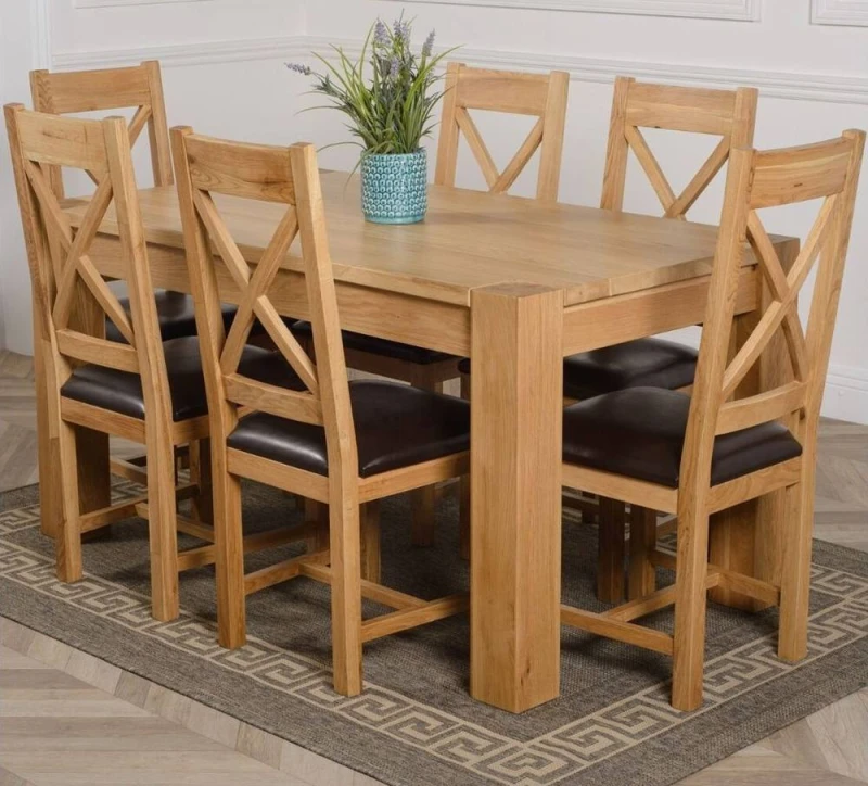 Image of Thats Furniture Kuba 150x85cm Chunky Medium Oak Dining Table & 6 Berkeley Leather Chairs in Brown Brown Unisex 150x85 cm
