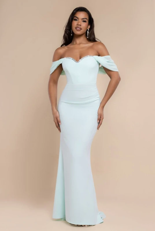 Image of Goddiva Womens Off The Shoulder Draped Sleeve Maxi Dress With Diamante Neckline in Mint Size: 14 Mint Female 14
